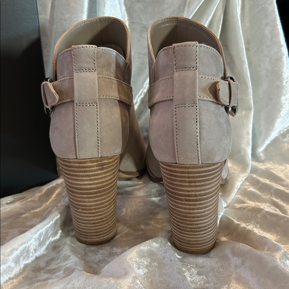 Vince Camuto Taupe Suede Open-Toe Stacked Heel Booties - Picture 4 of 11